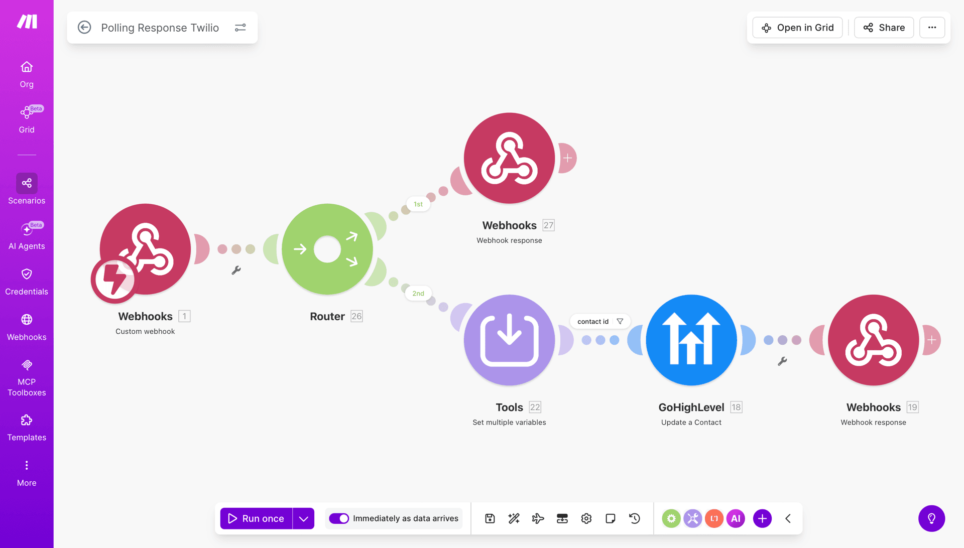 Polling and Make automation workflow interface for campaign operations